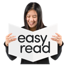 Easy Read A woman smiling, holding a book with the words 'easy read'