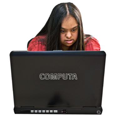 Complete A woman looking at a laptop.