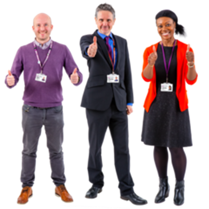 Complete Three people standing up, smiling, all with their thumbs up.
