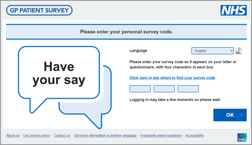 An image showing the login screen for the GP Patient Survey