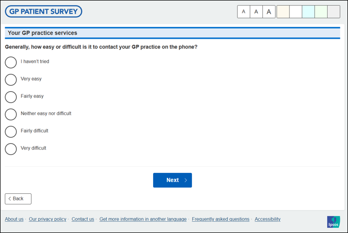 An image showing an example question from the GP Patient Survey