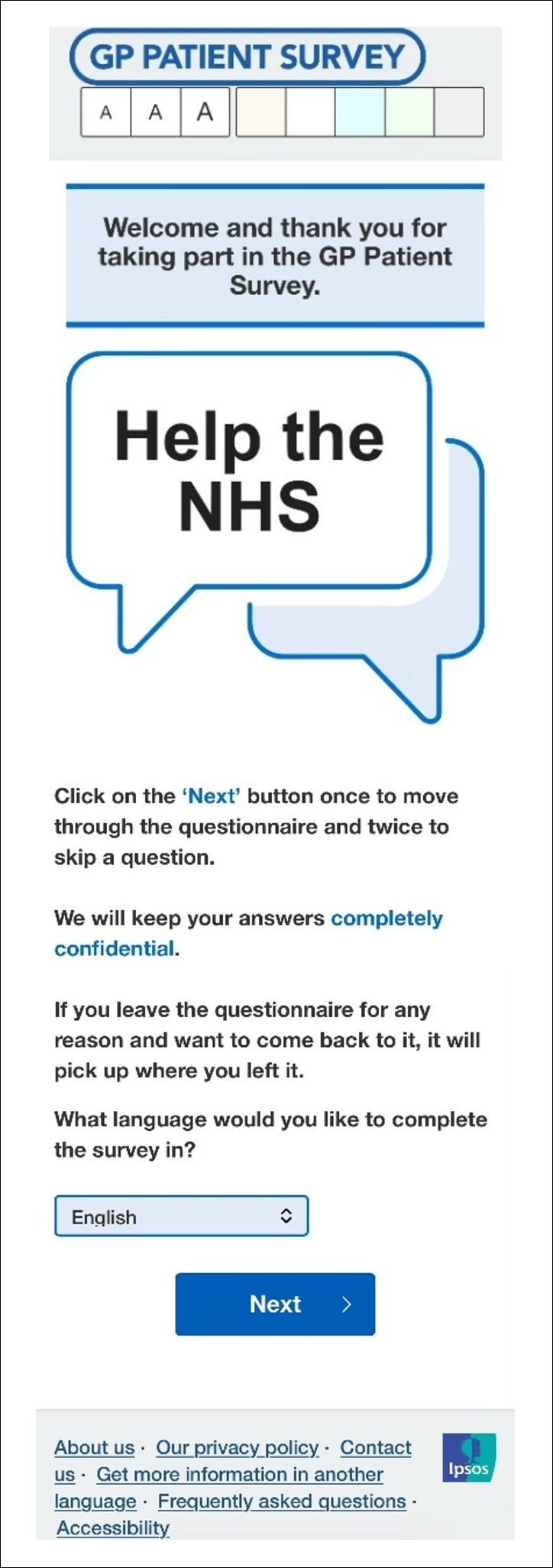 An image showing the introduction page for SMS route to online GP Patient Survey with language option