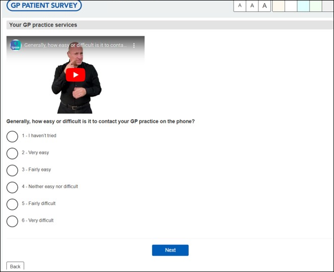 An image showing an example question viewing the online questionnaire in BSL