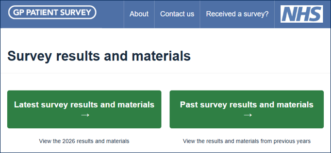 An image of the survey results and materials page on the GP Patient Survey website