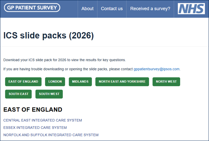An image of the ICS slide pack page on the GP Patient Survey website