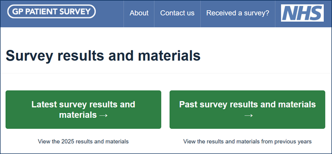 An image of the survey results and materials page on the GP Patient Survey website An image of the survey results and materials page on the GP Patient Survey website