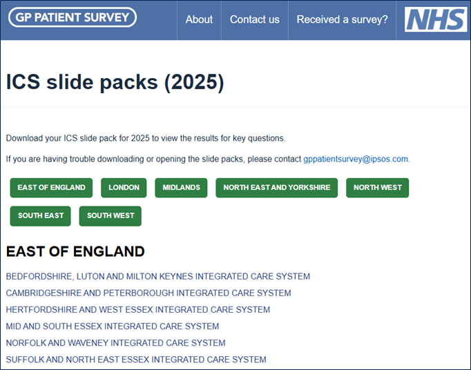 An image of the ICS slide packs page on the GP Patient Survey website An image of the ICS slide pack page on the GP Patient Survey website